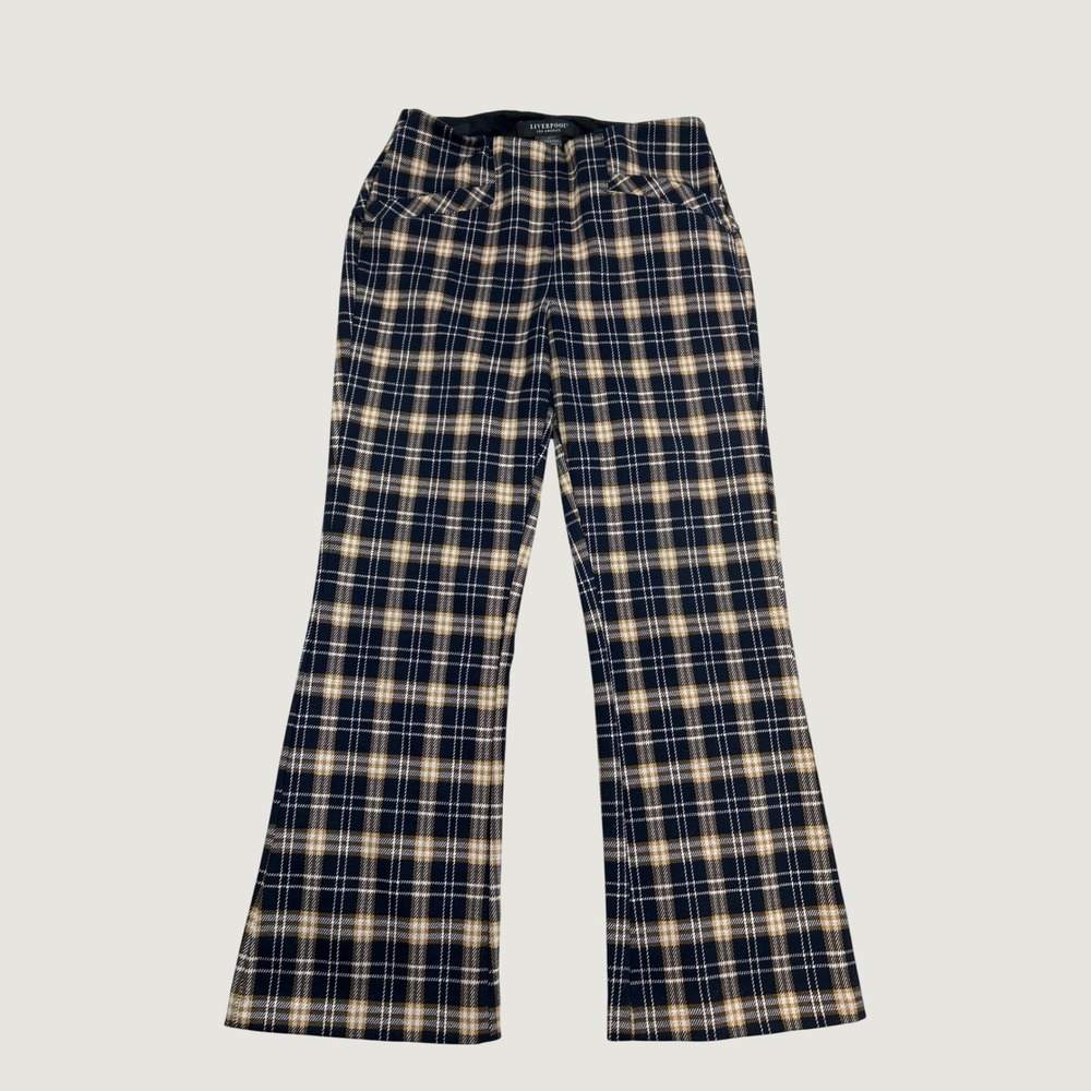 Liverpool Stella Kick Flare Pants Womens 10 Navy Tan Plaid 70's Style Trousers